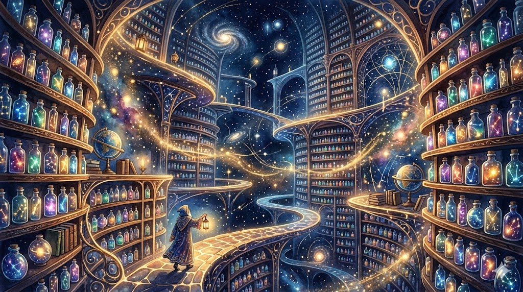 星々の知恵が詰まった幻想的な図書室とガラス瓶