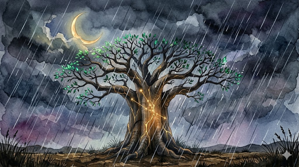 深い夜空の下、どしゃ降りの雨を分厚い樹皮で弾き、内側の金色の光を守って佇むバオバブの大樹のイラスト