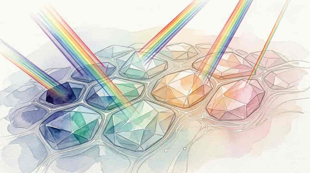 の角度によって発色が変化するカメレオンの構造色を、水彩と幾何学で表現した図解