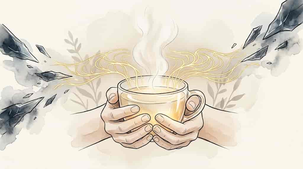 固くて無の時間の中で、小さな温度を感じ取った瞬間に、氷のように固まっていた心と体が静かに溶け始める様子