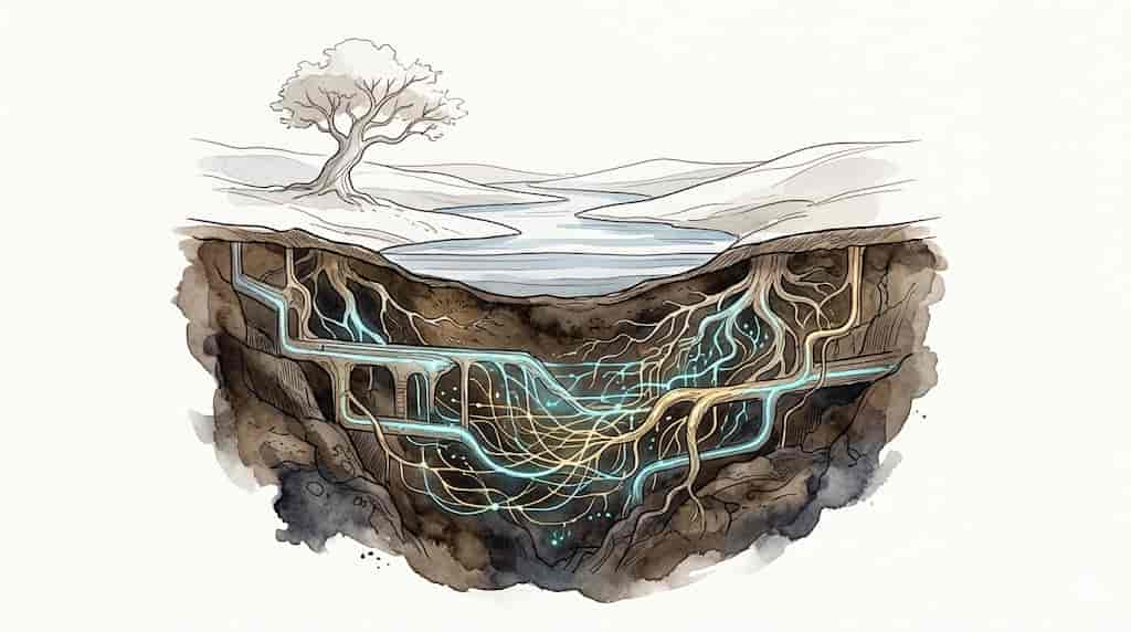 水面は穏やかだが、深い地中では複雑な黄金の回路がゆっくりと思考を巡らせている様子