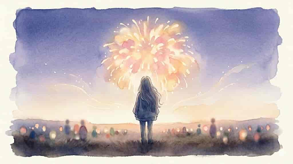 夏祭りの速い人波の中で、足を止めて打ち上げ花火の美しさを全身で受け止めている様子を描いたイラスト