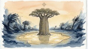 荒野の中で誰とも重ならない自分だけの聖域を見つけ、深く根を張るバオバブの大樹