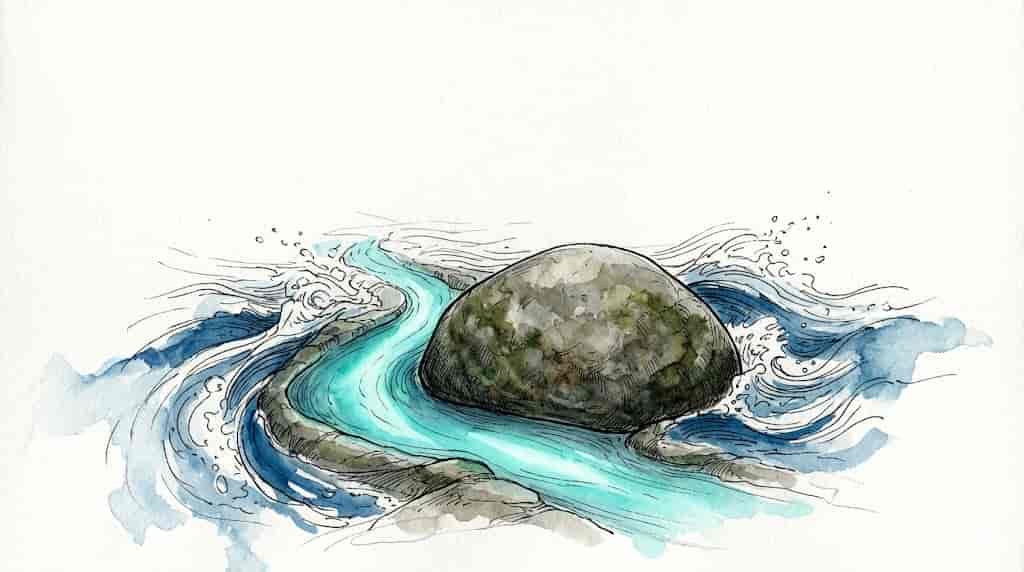 速い川の流れの中で、動かない石が周囲に静かな水の道（独自の専門性）を作っている様子