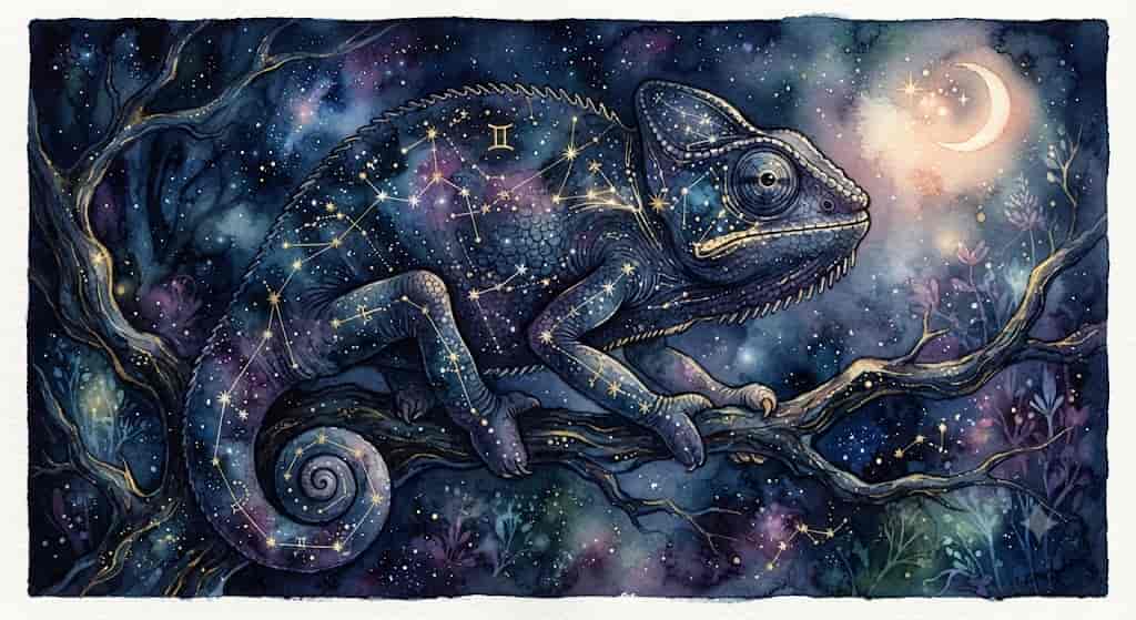 深い夜空のような色合いの中で、体に星図を浮かべ、周囲の光と影を見つめるカメレオン