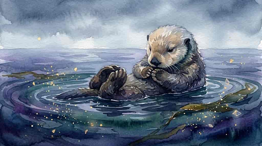 体を丸めて胸の前で手を握り、俯き加減で海に浮かぶラッコのイラスト