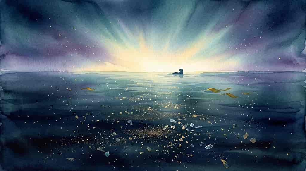 夜明け前の海に浮かぶラッコの後ろ姿と、水平線に差し込む光のイラスト