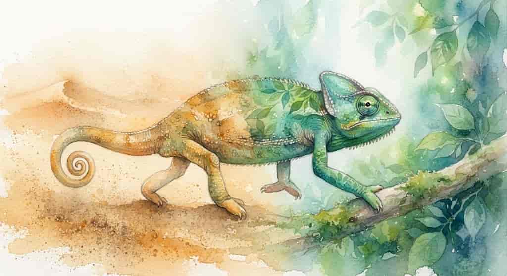砂漠の質感から森の質感へ、境界を一歩踏み越えていくカメレオンの全身を横から捉えた抽象画