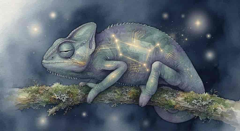 星座と回路が骨に宿る、静かに佇むカメレオンの姿