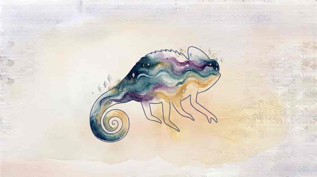 一つの生き物の輪郭に沿って、複数の色が波のように移り変わっていく様子を描いた抽象画
