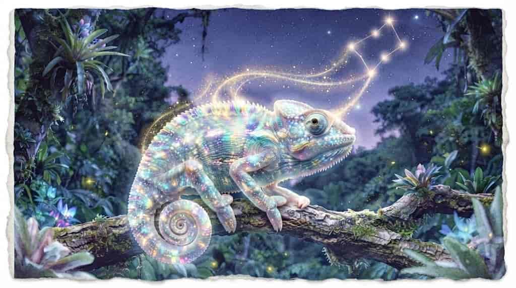 水晶のような皮膚を持ち、双子座の星座を纏うカメレオンが、夜の森で神秘的に輝く様子。