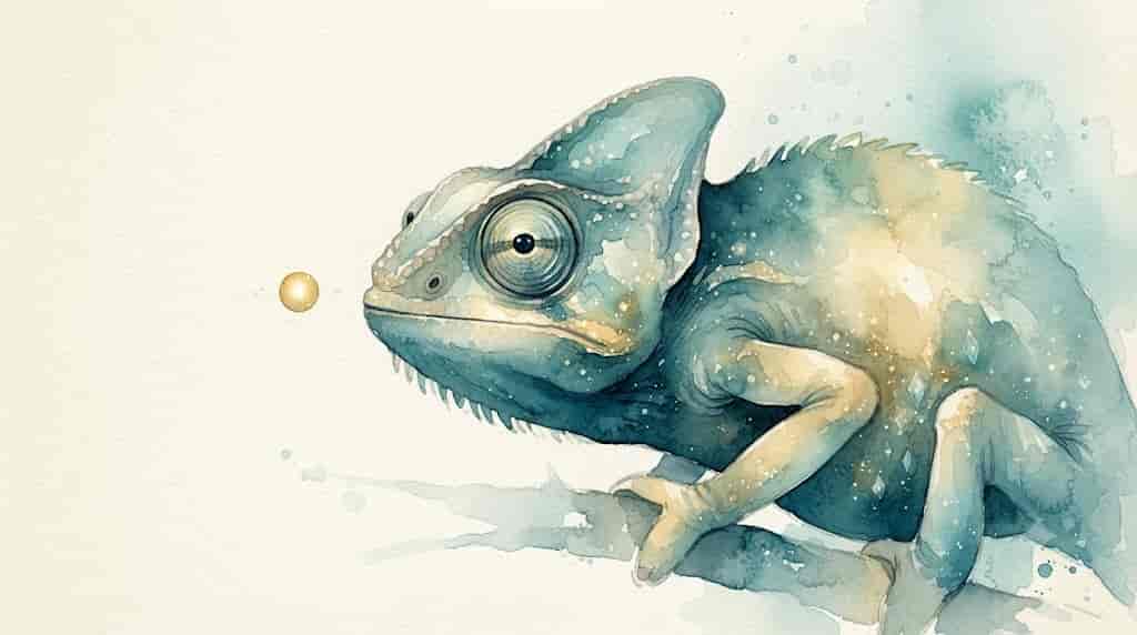 カメレオンが両目の焦点を静かに一点へ合わせる瞬間を描いた、言葉が澄んでいく様子を思わせるイラスト