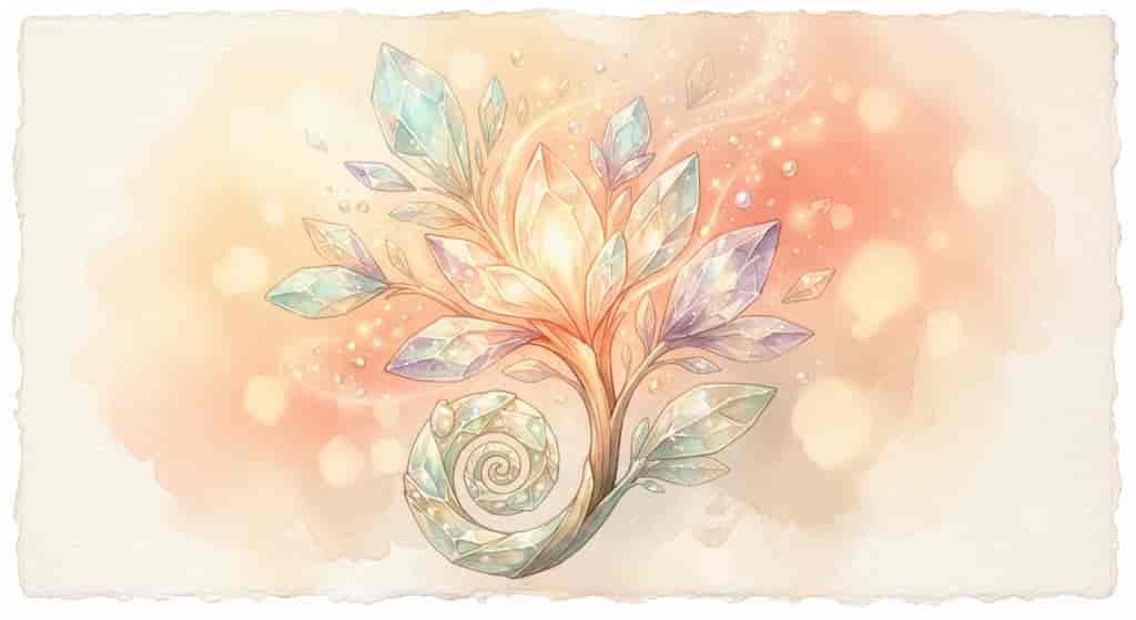暖かな光の中で植物の芽が開き、光の粒子を放ちながら成長する様子。