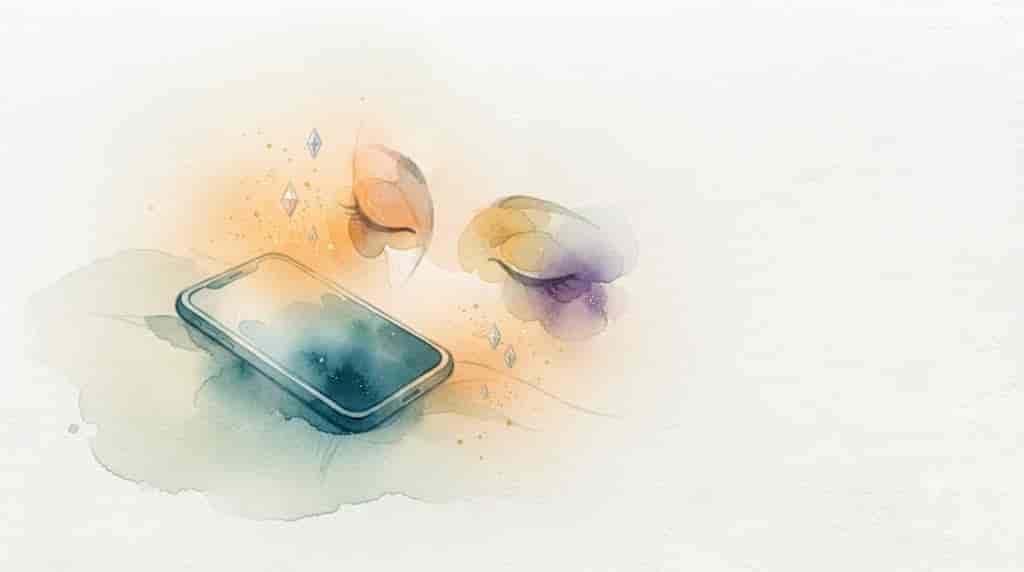 スマホを裏返し、目を閉じて静けさに包まれる、余白のある一枚