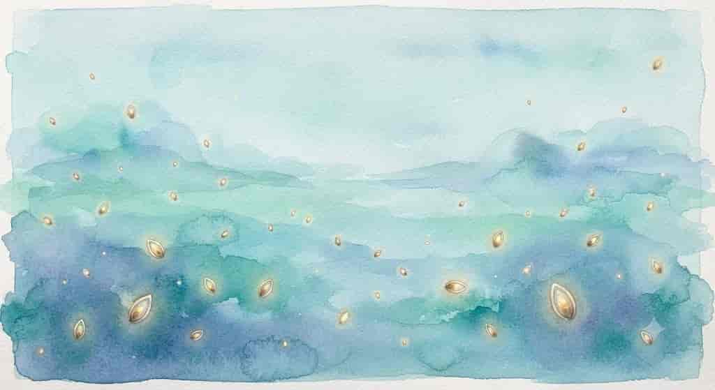 静かな風景の中に、小さな光の粒がいくつも散らばって眠っている様子を描いた抽象画