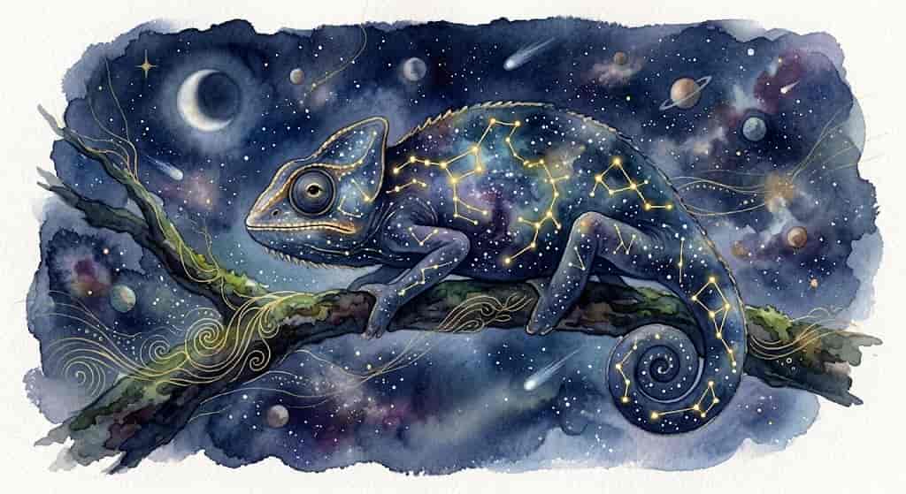 星座の光を纏ったカメレオンが、夜空を見つめる神秘的で知的な水彩画