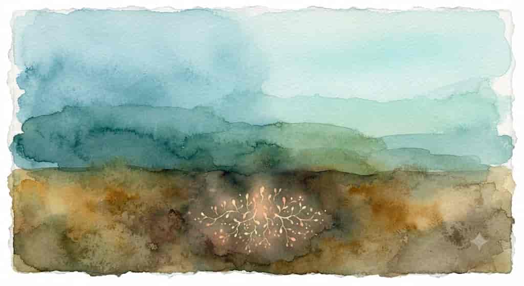 静かな土の中で、まだ見えない芽吹きの気配が静かに満ちている様子を描いた抽象画