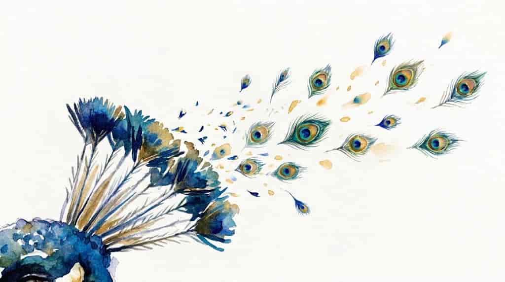 獅子座プライド高い｜クジャクの尾羽の目玉模様が静止している水彩イラスト、青緑と金色の羽が広がる