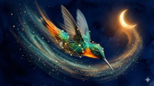 深い紺色の夜空を、金色の星座をまといながら高速で移動する神秘的なハチドリ