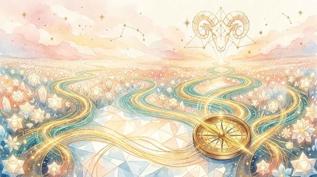 無数の光る花々の間を縫うように、黄金の光の軌跡が複雑で美しい地図を描いている情景