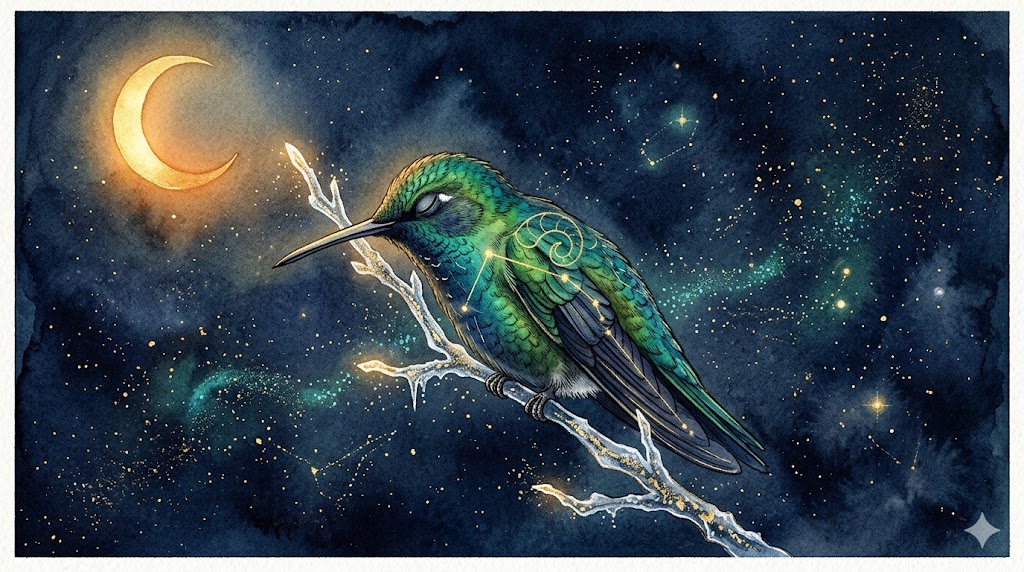 金色の星座をまとい、深い紺色の夜の中で静かに休眠する神秘的なハチドリ