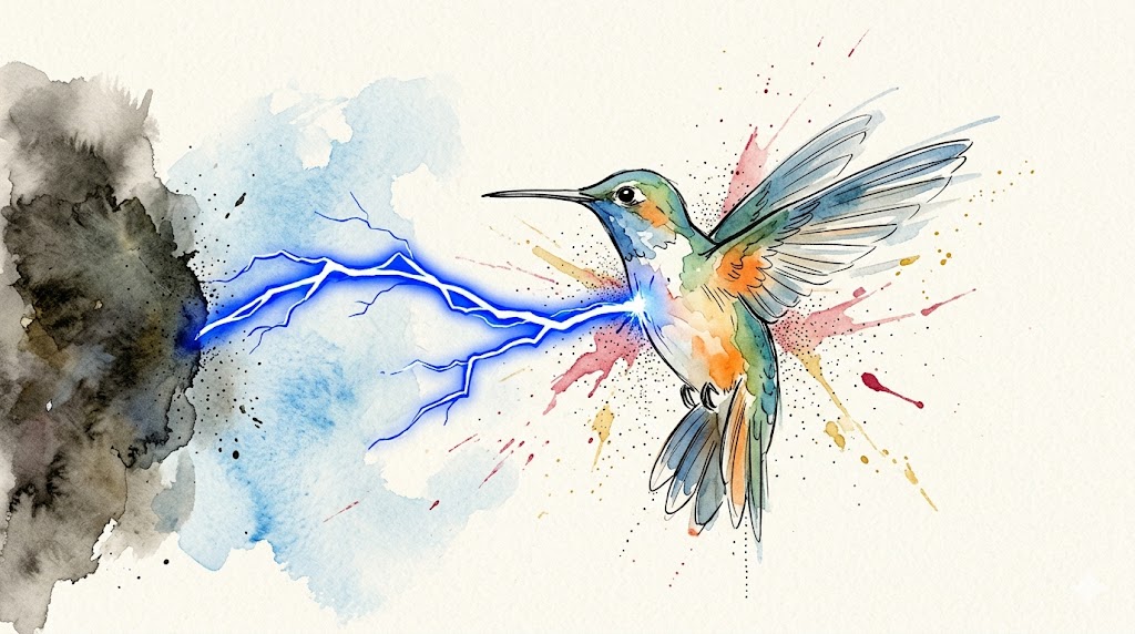 侵入者の影を鋭い青い雷で撃退し、自らの境界線を守り抜く瞬間の描写