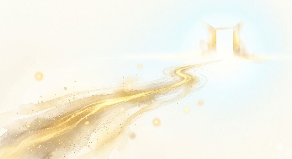 果てしない青空に向かって、黄金の光の道がどこまでも伸びていく希望の景色