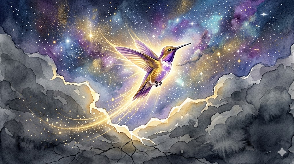 古い空を突き破り、星々が輝く宇宙へと羽ばたいていくハチドリの躍動的な絵画